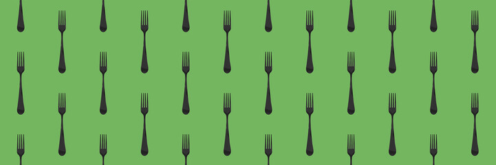 pattern. Fork top view on yellow green background. Template for applying to surface. Horizontal image. Flat lay. Banner for insertion into site. Place for text cope space. 3D image. 3D rendering.