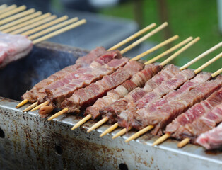 skewers of sheep and mutton cooked over the burning embers called ARROSTICINI in the Italian language