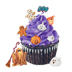 Halloween is here.Halloween cake and cookies.Ghost cookies.Scary delicious halloween cupcake.Cute ghost and witch broom.Watercolor illustration.Magical halloween cupcake.Cute ghost meringues.