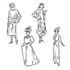Vintage vector people set. fashion style set. Group of retro woman and man. style, sketch style, engravings with people