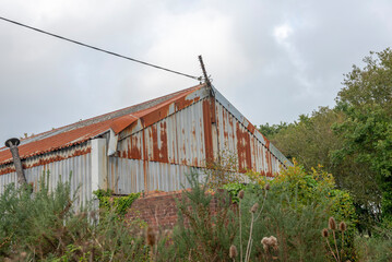 Fototapeta na wymiar Roof of an old abandoned rusty tin barn building ruin in a green field 
