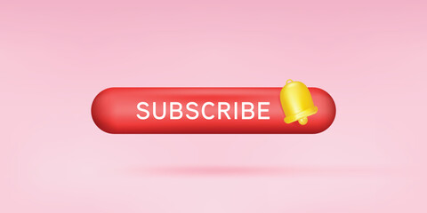 Subscribe red button for social media. Subscribe to video channel, blog and newsletter. Red button with gold bell or subscription.  - obrazy, fototapety, plakaty