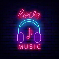 Love music neon signboard. Glowing lettering. Headphones and note. Music school. Vector stock illustration