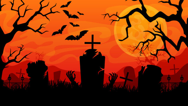 Halloween background. Scary tombstone on graveyard