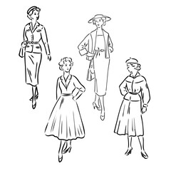 Vintage vector people set. fashion style set. Group of retro woman and man. style, sketch style, engravings with people