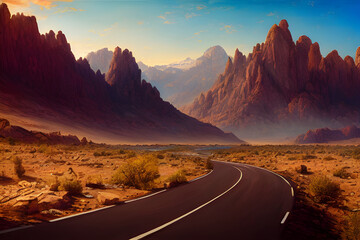 Fototapeta premium An open road winds its way to the mountains as the sun sets. 