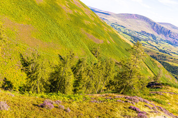 Aerial view of hills around Keswick in Lake District, a region and national park in Cumbria in northwest England