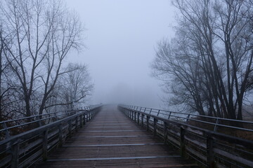 Obraz premium Wooden bridge disappears in thick fog