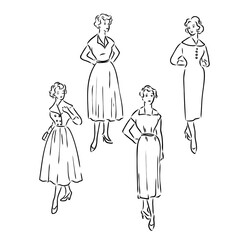 Vintage vector people set. fashion style set. Group of retro woman and man. style, sketch style, engravings with people