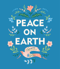 Anti war illustration. Dove of peace and flowers. Vector template for card, poster, flyer and other