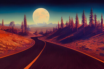 A full moon shines down on a deserted road. 
