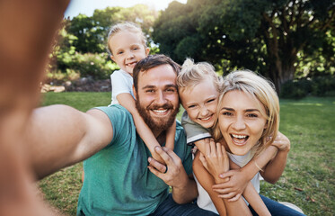 Nature, selfie and portrait of a happy family on a picnic together in outdoor green garden. Happy,...