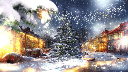 winter  city ,Christmas tree festive golden  decoration , snow fall  stree in evening medieval old town greetings card template copy space wallpaper