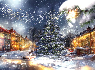 Obraz premium winter city ,Christmas tree festive golden decoration , snow fall stree in evening medieval old town greetings card template copy space wallpaper
