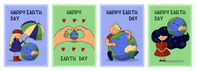World Earth Day cartoon cards. Kids with planet. Protect environment. Ecology map. Globe protection. Save and care nature. Eco energy. Environmental conservation. Vector posters set