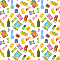 Snack vending pattern. Drink bottle. Food lunch bar. Candy box or packet. Soda water machine. Cola can. Unhealthy nutrition. Chocolate package. Chips bag. Vector seamless background