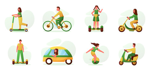 Ecological vehicles. Electric car. Motorcycle and bicycle. Battery icons. Transport power. People on scooters. Persons drive hoverboards. Eco friendly automobiles set. Vector illustration © Natalia