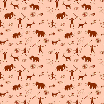 Cave art. Caveman hand pattern. Prehistoric hunter theme. African tribe primeval painting. Arrow in garish bull. Ancient people drawing. Paleolithic background. Vector seamless texture