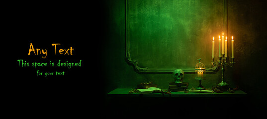 Halloween background with copy space for any text. Scary old skull on ancient gothic fireplace. Halloween, witchcraft and magic.