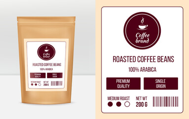 Coffee package label, food bag design. Sticker with hot beverage in cup, realistic mockup, product template, paper kraft pouch package. Zipper sachet front view. Vector realistic print