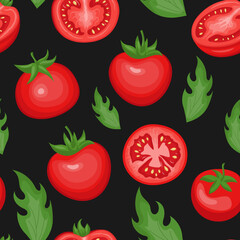 Tomato food pattern, cherry vegetable and leaves isolated on black. Floral garden decor textile, wrapping paper, wallpaper design, organic meal ketchup sauce print. Vector seamless background