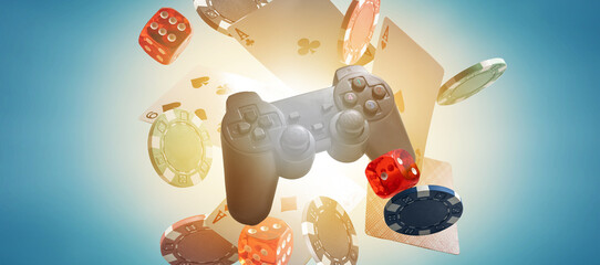 Gamepad, laying cards with the chips on the table. joystick © Angelov