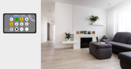 Smart home technology interface on smartphone app screen with augmented reality (AR) view of internet of things (IOT) connected objects in the apartment interior, person holding device