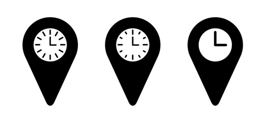Location pointer. Cartoon date, clocks time icons. Date, time, address or place symbol. Vector location, map pin logo or sign. For calendar, clock home or werk meeting pictogram. 