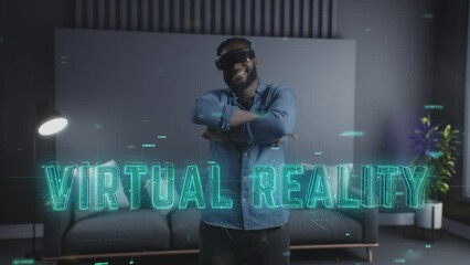 A young black man uses virtual reality glasses and immerses himself in the virtual world. New technologies. Entertainment of the future - Powered by Adobe