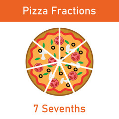 Fototapeta premium Seven sevenths pizza fractions. Fraction for kids. Pizza slices. Fraction fun with pizza. vector illustration isolated on white background.