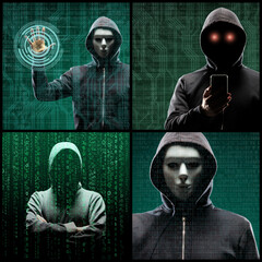 Fototapeta na wymiar Portrait of computer hacker in hoodie. Obscured dark face. Data thief, internet fraud, darknet and cyber security concept.