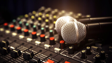 Close-up microphone and sound mixer in studio for sound record control system and audio equipment and music instrument