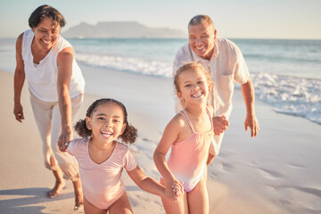 Fototapeta premium Girl, kids and happy grandparents at beach, on holiday or vacation together. Grandma, children and grandpa play by ocean, smile on family travel in summer on walk by sea in Cape Town, South Africa