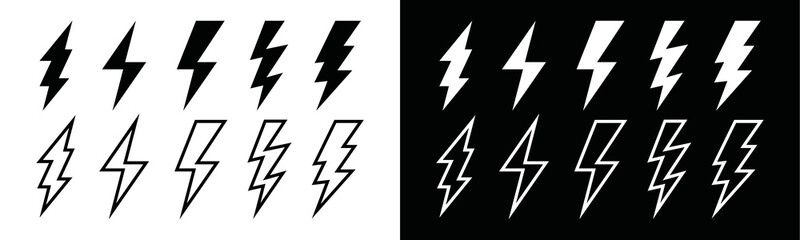 Lightning bolt or thunderbolt for electric current icon vector set. Silhouette flash symbol flat	