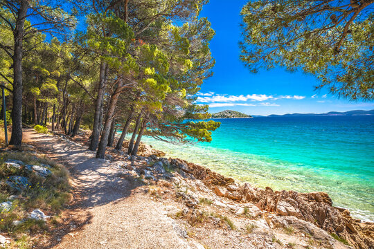 Idyllic turquoise rocky beach landscape view in Zadar riviera