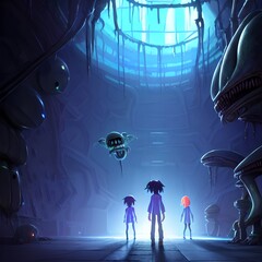 cartoon illustration of children in a colorful dungeon
