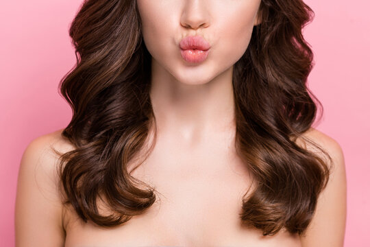 Cropped photo of young lady pouted lips plastic surgery balm moisturizing isolated over pink color background