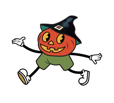 Vintage cartoon style flat character of a Halloween pumpkin with rubber hose arms and legs, spooky mascot in a hat, holiday sticker design. Vector illustration