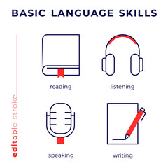 Line icons of basic language skills: listening, speaking, writing, reading. Editable stroke