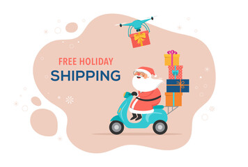 Christmas and holidays online delivery service concept, online order tracking, delivery home and office. Warehouse, truck, drone, scooter and bicycle courier Santa Claus