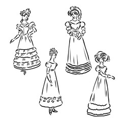 Vintage vector people set. fashion style set. Group of retro woman and man. style, sketch style, engravings with people