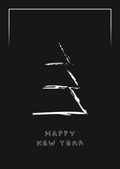 Postcard for the New Year, silhouette of a white Christmas tree on a black background