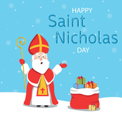 Saint Nicholas with a bag of gifts. Happy Saint Nicholas day. Vector illustration