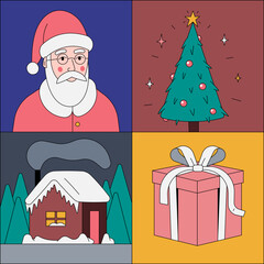 Vector illustration icon set of Christmas. Santa Claus, Christmas tree, house in forest, gift box.