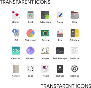 Transparent Linux inspired icons for web and mobile applications. Desktop icon pack. No background PNG vector signs. Folder shortcuts.
