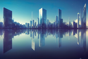 Fototapeta na wymiar Futuristic city skyline with water reflection, clear blue sky, cg illustration