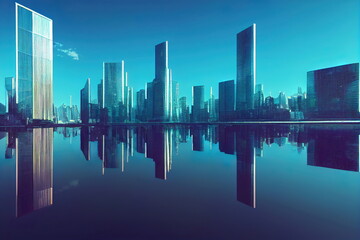Fototapeta na wymiar Futuristic city skyline with water reflection, clear blue sky, cg illustration