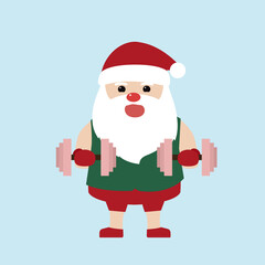 Santa claus holding dumbbell on blue background. Christmas season and Happy new year season. Vector illustration