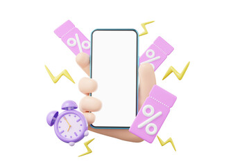 3D hand hold smartphone. Alarm clock discount price tag floating on transparent. Mobile phone blank screen. Special offer time, Flash sale, promotion concept. Cartoon minimal smooth. 3d rendering.