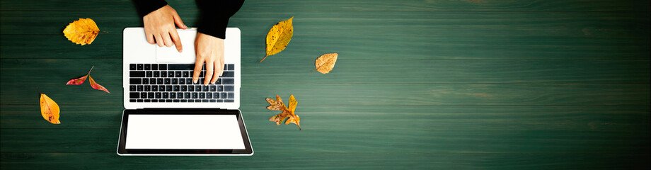 Fototapeta na wymiar Autumn leaves with person using a laptop computer